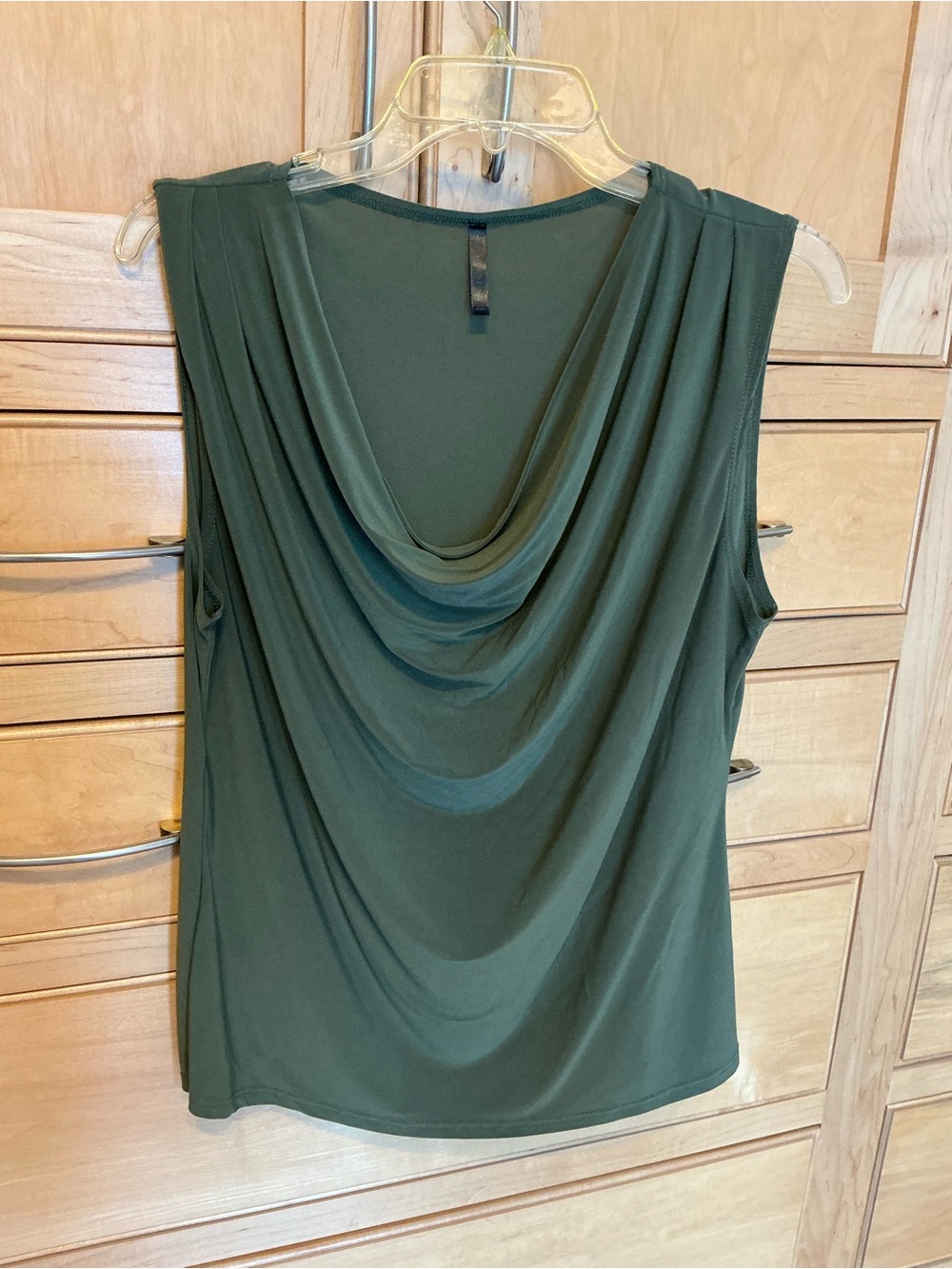 Draped Cowl Neck Sleeveless Top - Olive Green L polyester & 5% spandex =stretchy
